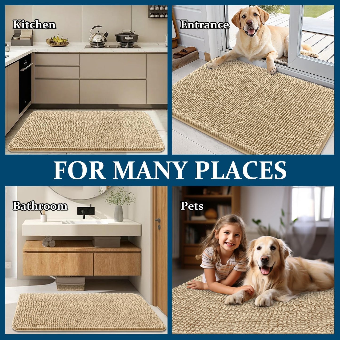 OLANLY Dog Door Mat - Absorbent Non-Slip Chenille Mat for Muddy Paws | 54x24, Quick Dry, Beige