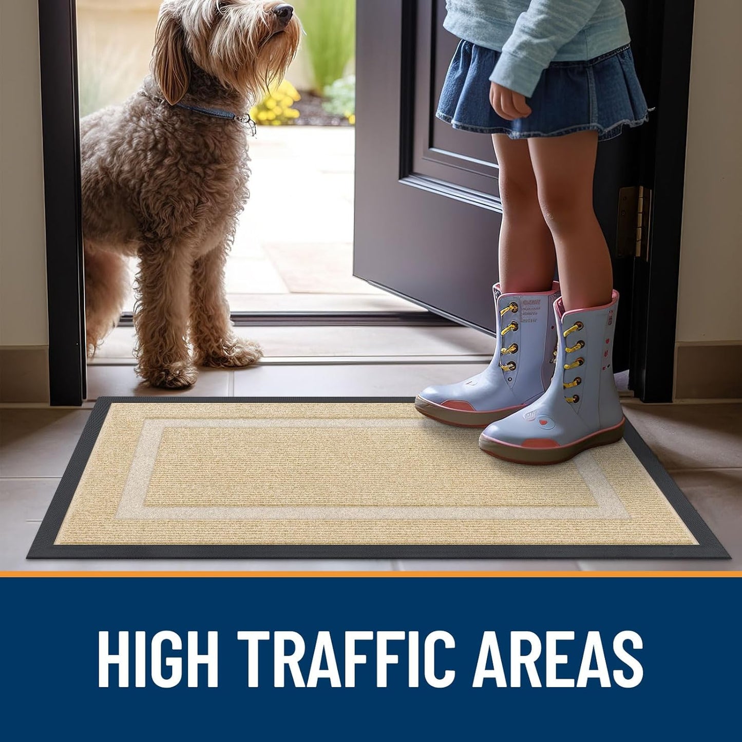 OLANLY Indoor Outdoor Front Door Mat - Waterproof All-Season Doormat, Sturdy Natural Rubber | 23.5x15.5, Beige