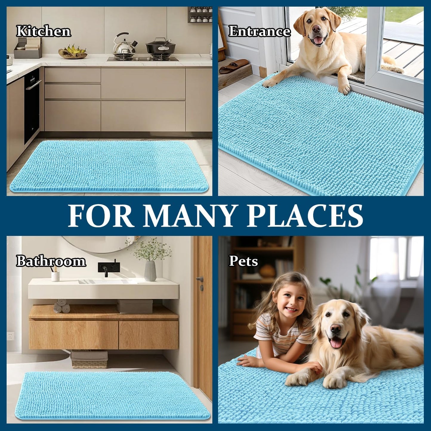 OLANLY Dog Door Mat - Absorbent Non-Slip Mud Mat for Indoor Use | 44x24 Inches, Quick Dry Chenille, Blue