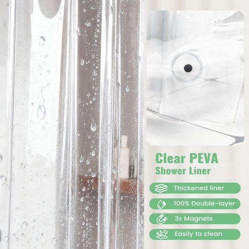 Dynamene Stall Shower Curtain and Liner Set - 60 x 84 inch Long Waffle Fabric, Waterproof Clear Liner, Heavy Duty Weighted Hotel Luxury Cloth Shower Curtains for Bathroom with 10 Hooks, 60x84, White