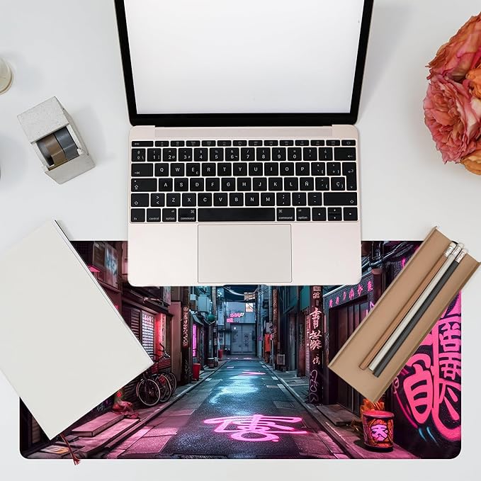 KOAIWPAE Desk Pad, Anime City Street Scene Desk Mat, Pink Neon Street Large Gaming Mouse Pad for Desk, 31.5"x15.7" Extended Big Computer Keyboard Mouse Pad with Non-Slip Base and Stitched Edge