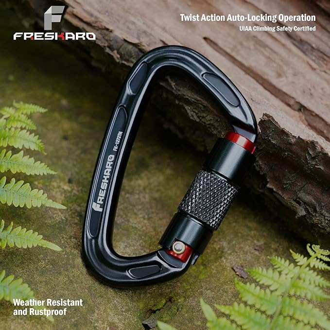 FresKaro Twist Lock Carabiner Clips, Auto Locking and Heavy Duty, Climbing carabeaner Large, for Rock Mountain Tree Climbing, Rappelling, Arborist, Firefighter, Dog, Hammock, Caribeener Keychain Black