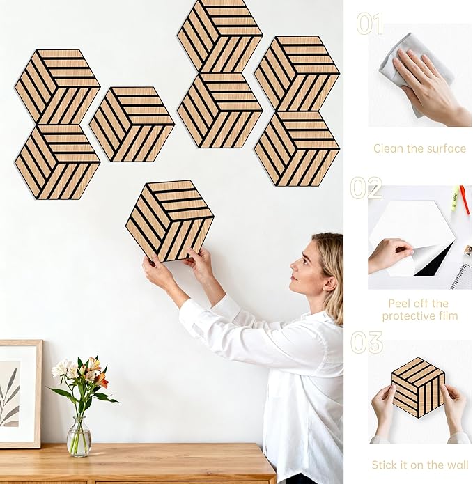 Mollywell Acoustic Panels, PVC Wood-Grain, 14x12 Inch Hexagon Carved Sound Proof Wall Tiles, Self-Adhesive High Density Felt for Home Theater/Studio/Office Echo Reduction, 12 Pack Natural Oak, TH4
