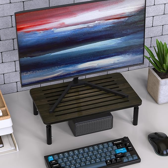 WELL WENG 2 Pack Bamboo Monitor Stand Riser, 4 Adjustable Height, Laptop Stand with Airflow Vents, Desk Organizer for Computer, PC, Printer (Wenge)