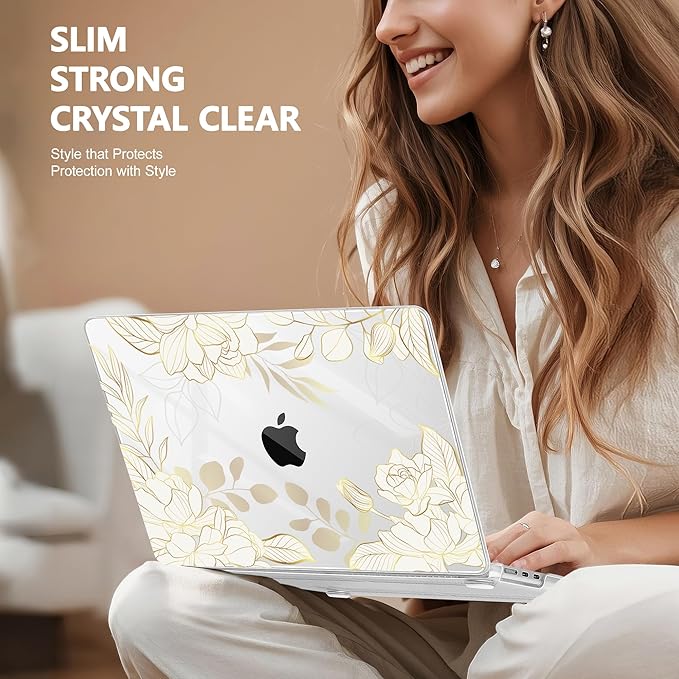 Lepeoac Case for 2026/2025/2024/2023 MacBook Air 15-inch Laptop Release M5 A3448 /M4 A3241 /M3 A3114 /M2 A2941, Stylish Protective Hard Shell Cover for MacBook Air 15.3 inch - Gold Rose Flowers
