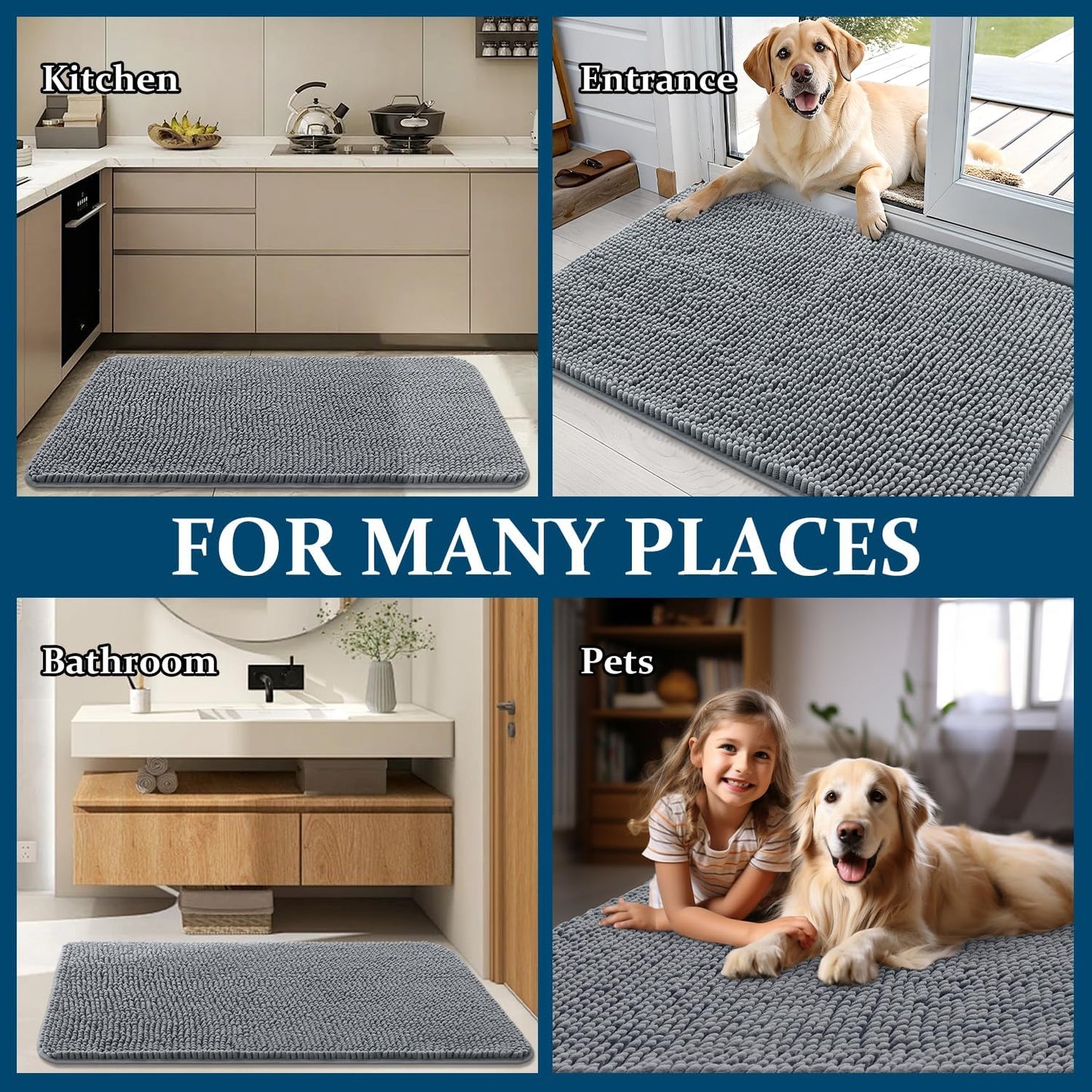 OLANLY Dog Door Mat - Absorbent Non-Slip Chenille Mat for Muddy Paws | 59x20 Inches, Grey