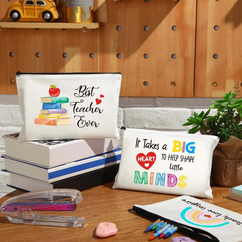 18 Pcs Teacher Makeup Bags for Women 6 Styles Canvas Pencil Bags Travel Toiletry Case with Zipper Gift for Teacher's Day Graduation Back to School (Cute)