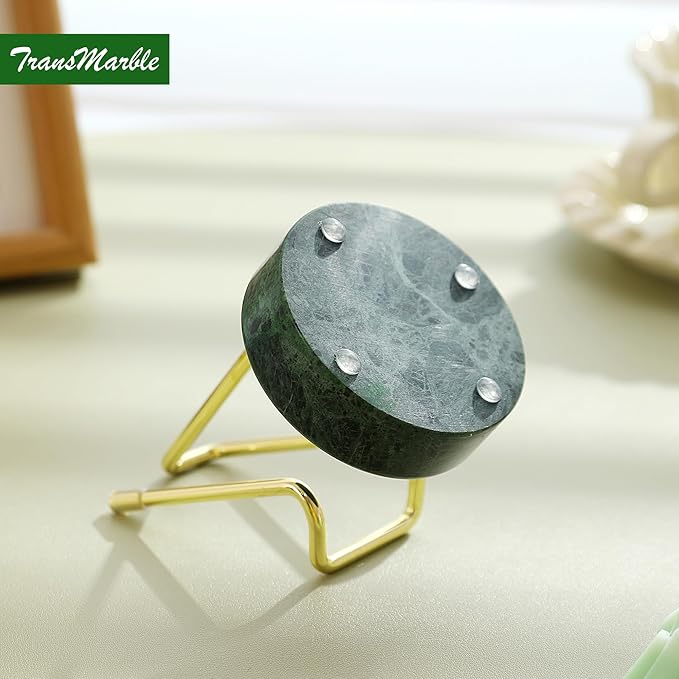 TransMarble Marble Phone Stand with Metal Holder, Charging Available While Using, Swipe Up to Unlock, Made of Natural Marble as Business Card Holder for Office Desk (Emerald Green + Gold)