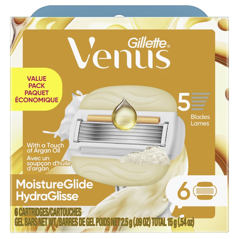 Venus MoistureGlide Women's Razor Blades, With Built-in Shave Gel Bars, 6 Razor Blade Refills