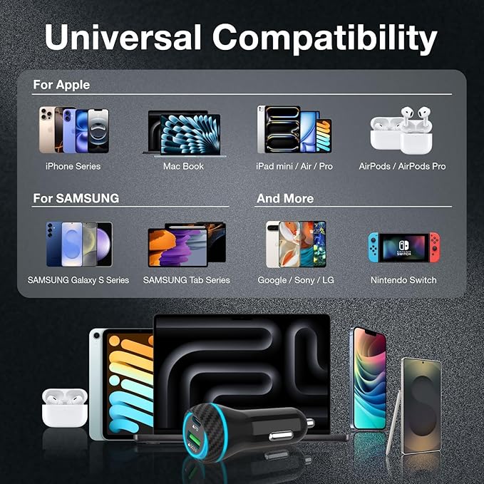 MOCA USB-C Car Charger, 51W USB-C & USB-A 2-Port PD/QC 3.0 Car Power Adapter W/ 2pcs 3.3ft A-P/C-P Cable Car Charger for iPhone 17/16/15 Series, Samsung Galaxy S25/S24/S23 Series, iPad Pro, AirPods
