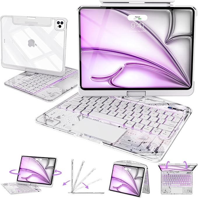 Intermerge Transparent Case with Keyboard for iPad Air 11"(M4/ M3/ M2, 2026/2025/ 2024), Air 5th/4th, Pro 11" 2022-2018, 360° Swivel Multi-Touch Trackpad, 7-Color Backlit, Pencil Holder, Frost Pulse