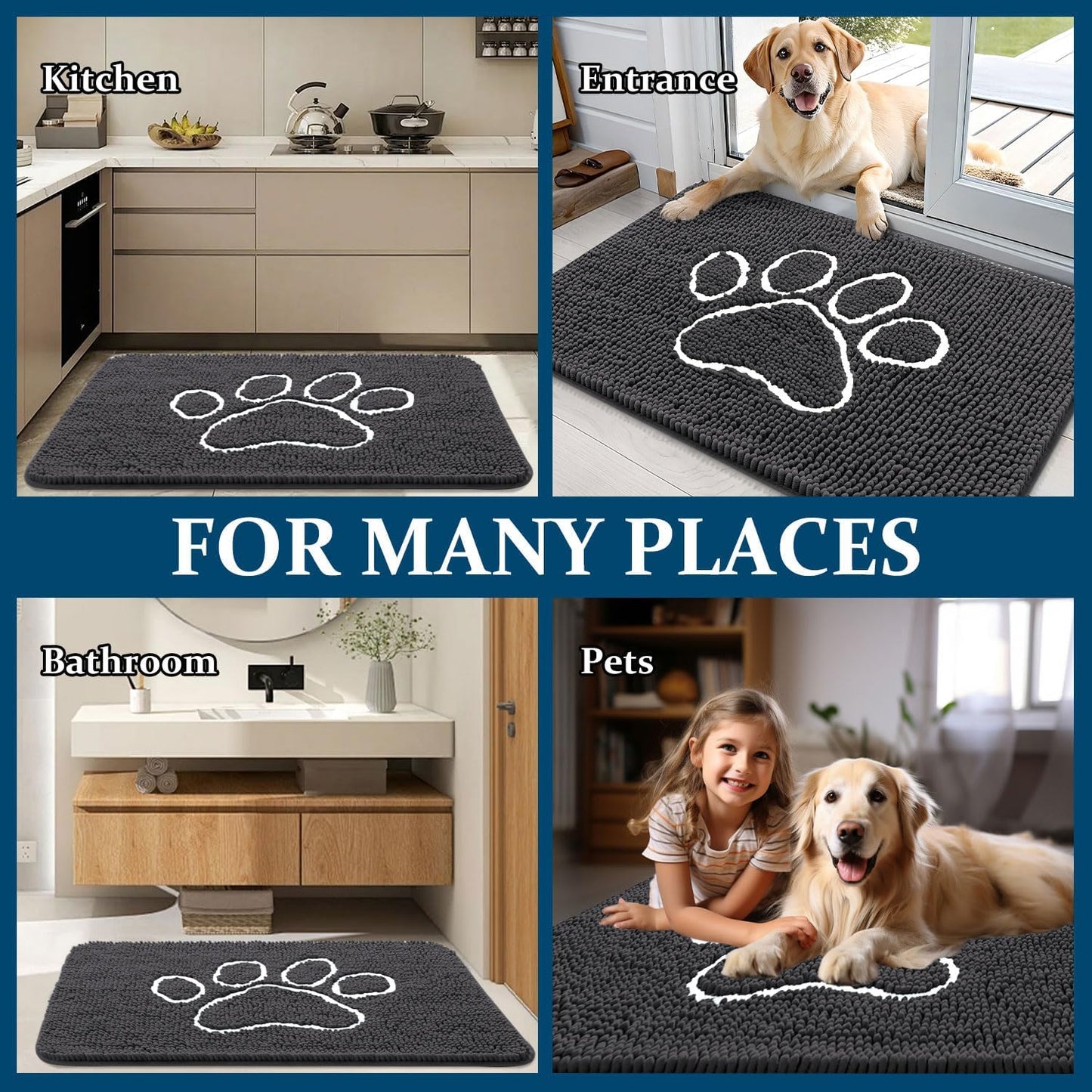 OLANLY Dog Door Mat - Absorbent Non-Slip Mud Mat for Dogs | Paw Print Design, 24x16, Dark Grey
