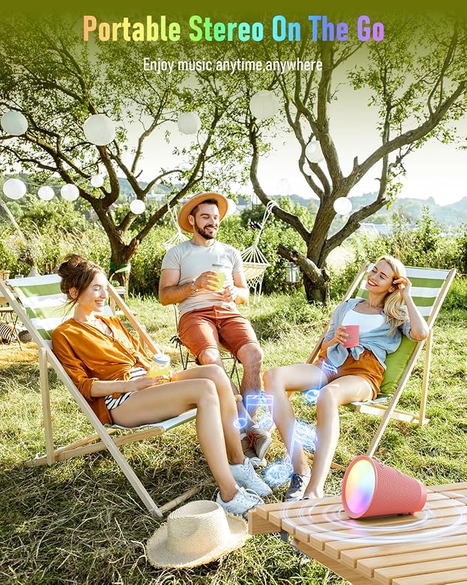 Gladorn Portable Bluetooth Speaker Wireless with 9 Color Lights, 20H Playtime, Stereo Pairing, Deep Bass, IPX6 Waterproof, Bluetooth 5.3, Small Speaker for Home, Party, Outdoor, Camping, Beach, Gift