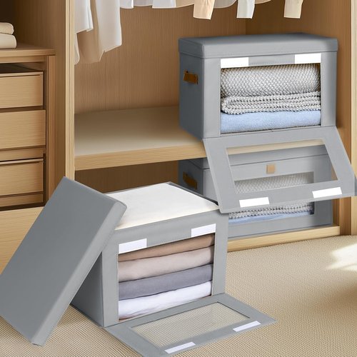 Homsorout Large Closet Storage Organizer - Collapsible Fabric Bins with Handles & Window, Grey | 2 Pack