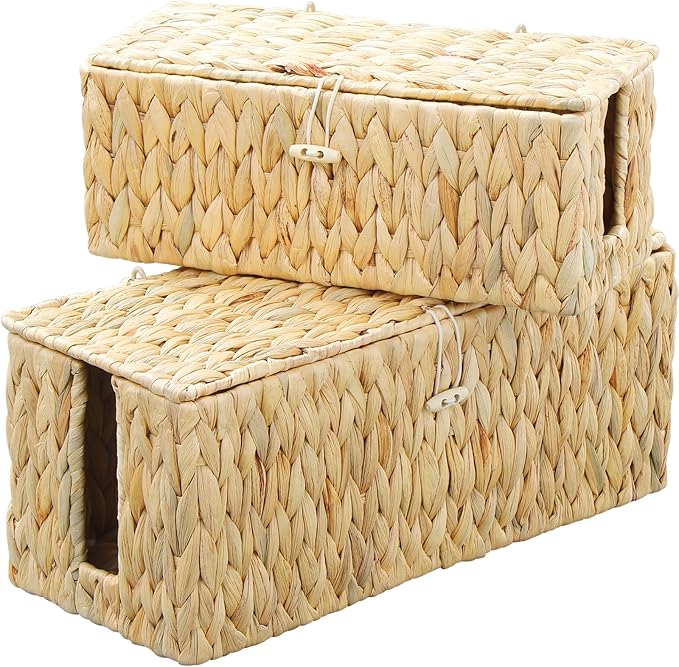 Coeusy Cable Management Box,Hand-Woven Water Hyacinth Decorative Cord Organizer,2 Side Open Slots Wicker Cable Box to Hide Cords and Power Strip,for Desk, Floor, Office,2 Pack