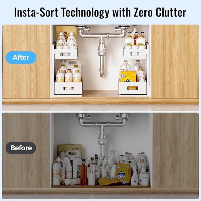 Under Sink Organizer, Bathroom Organizers and Storage, Cabinet Organizer Pottery Barn Furniture for Kitchen, Bathroom, Pantry, Laundry, Study, White,1XL, 2PCS