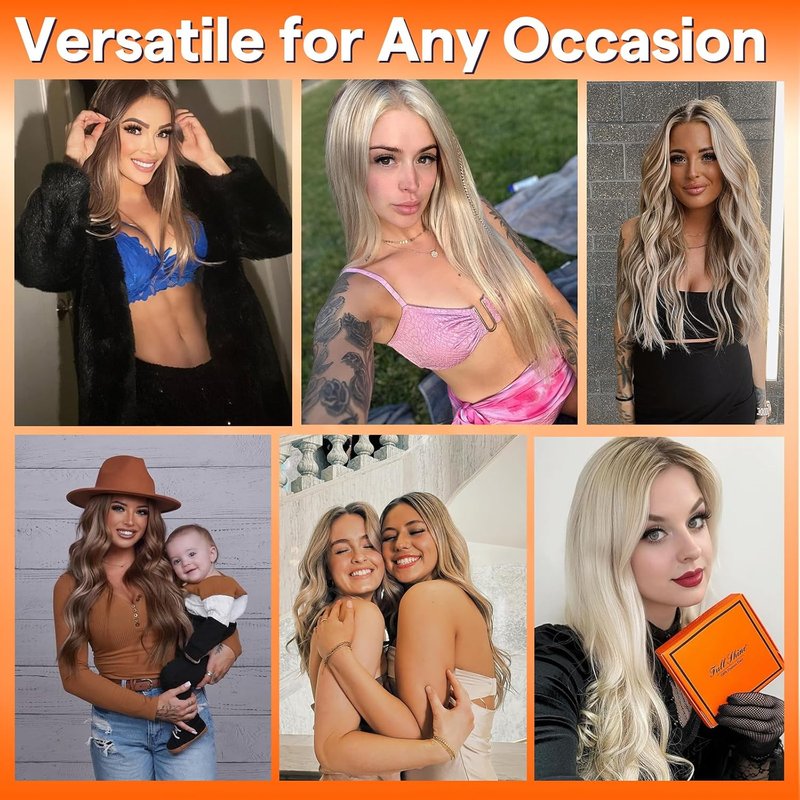 Full Shine Remy Hair Weft Extensions - Ash Blonde Highlight, 16 Inch, 50G Human Hair