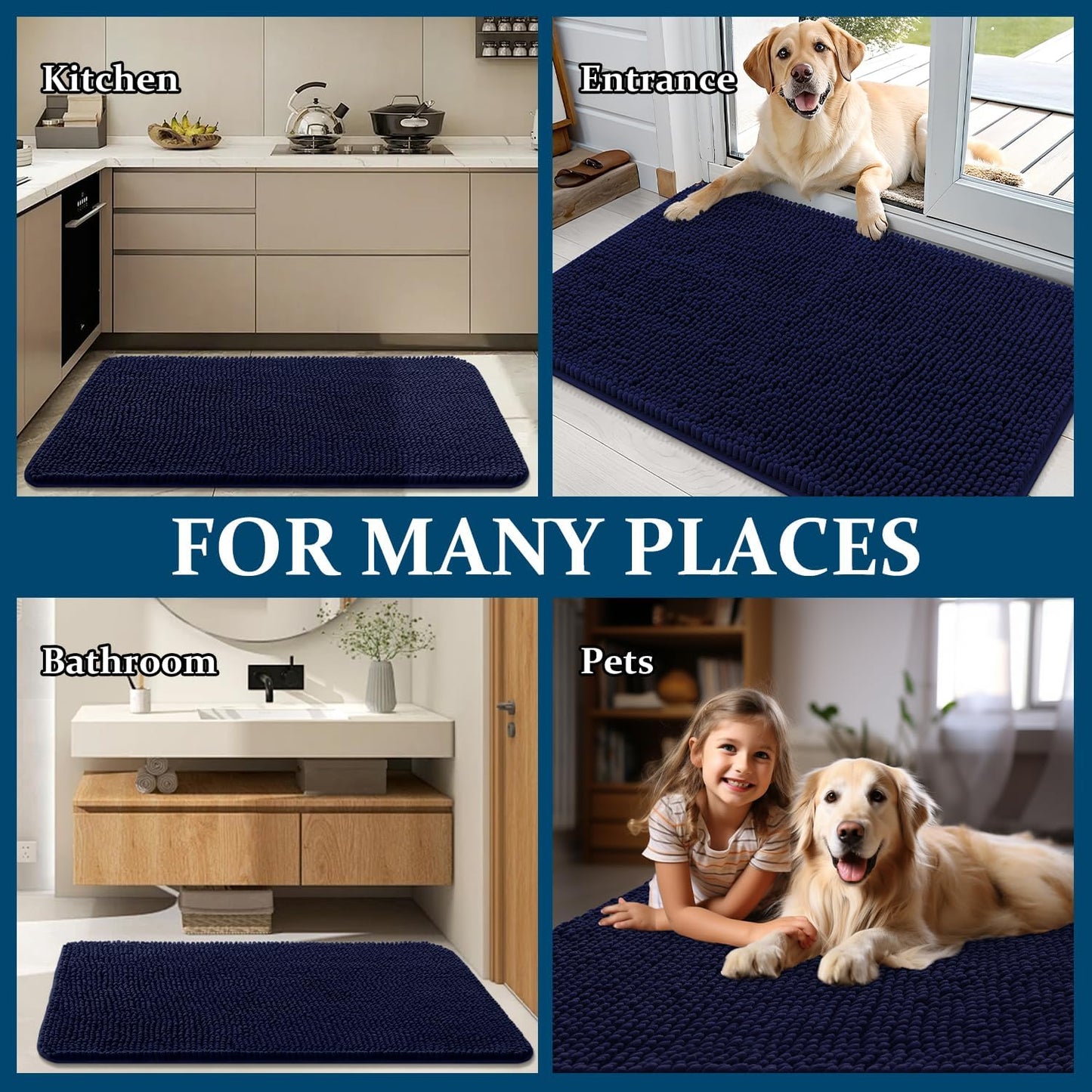 OLANLY Dog Door Mat - Absorbent Non-Slip Chenille for Muddy Paws | 70x24, Quick Dry, Navy Blue