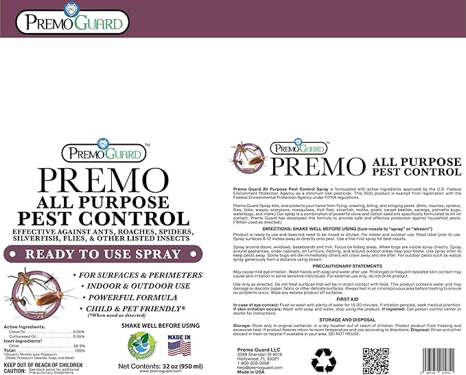 Pest Control by Premo Guard â 32 ozâ Insect & Pest Spray â Bug, Roach, Fleas, Fruit Fly, Ant, Spider Killer â Effective Plant Based Formula â Child and Pet Safe â Best Natural Protection
