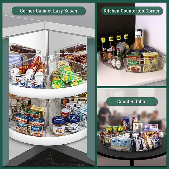 Lazy Susan Cabinet Organizer Bins for 26"/ 28"/ 32" Diameter Corner Organizer, Plastic Cabinet Storage Bin, 1/8 Wedge - Food Safe, BPA Free, with Non-Slip Pads (for 28" Diameter, 6 Pack)