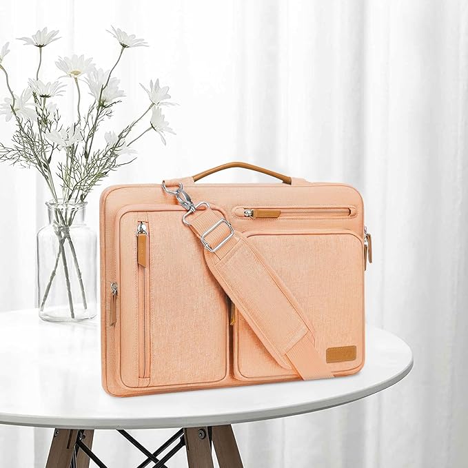 MOSISO 360 Protective Laptop Shoulder Bag,13-13.3 inch Computer Bag Compatible with MacBook Pro 14, HP, Dell, Lenovo, Asus Notebook,Side Open Messenger Bag with 4 Zipper Pockets&Handle, Pastel Orange