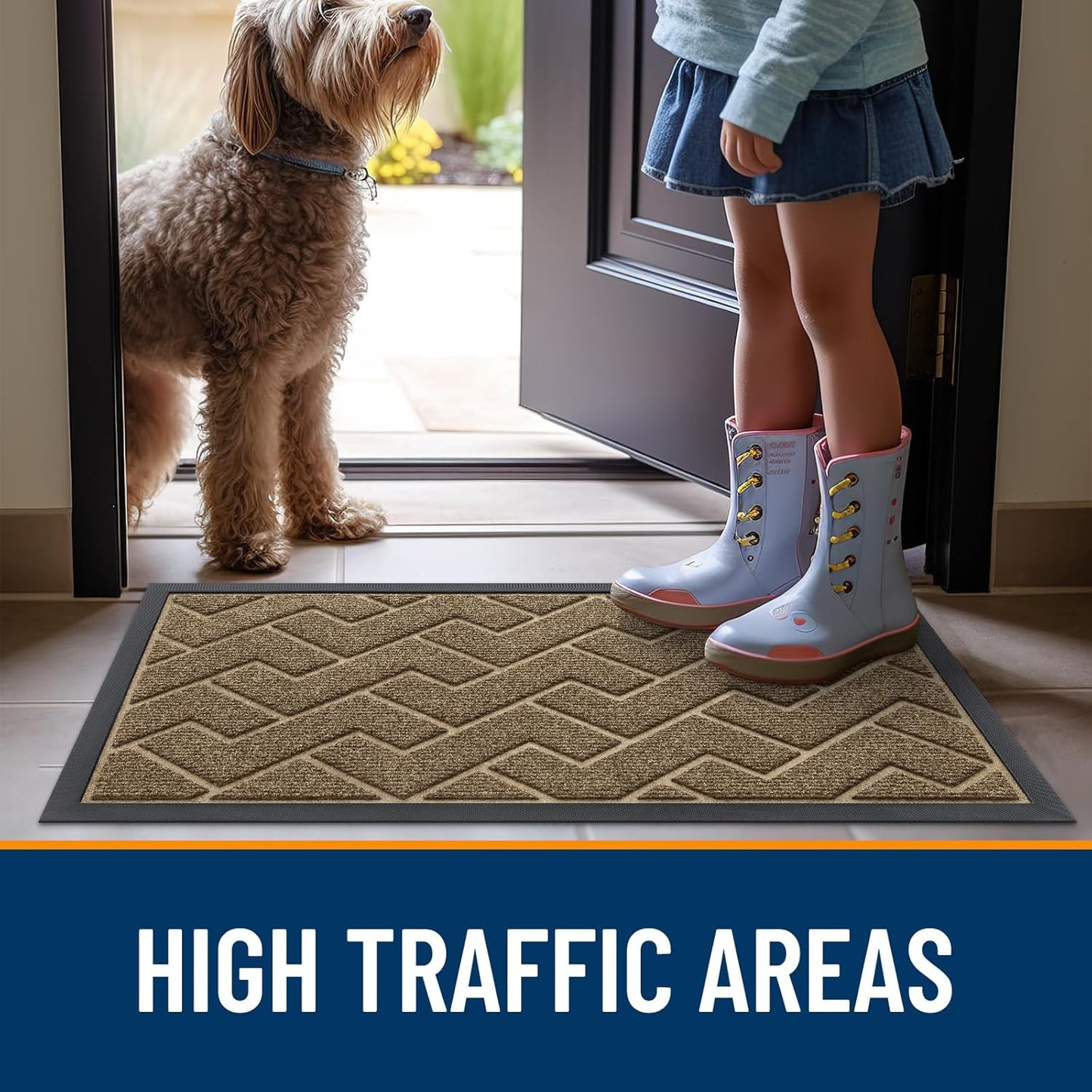 OLANLY Waterproof All-Season Front Door Mat - Sturdy Natural Rubber, Low Profile, Herringbone Brick (Brown, 59x23)