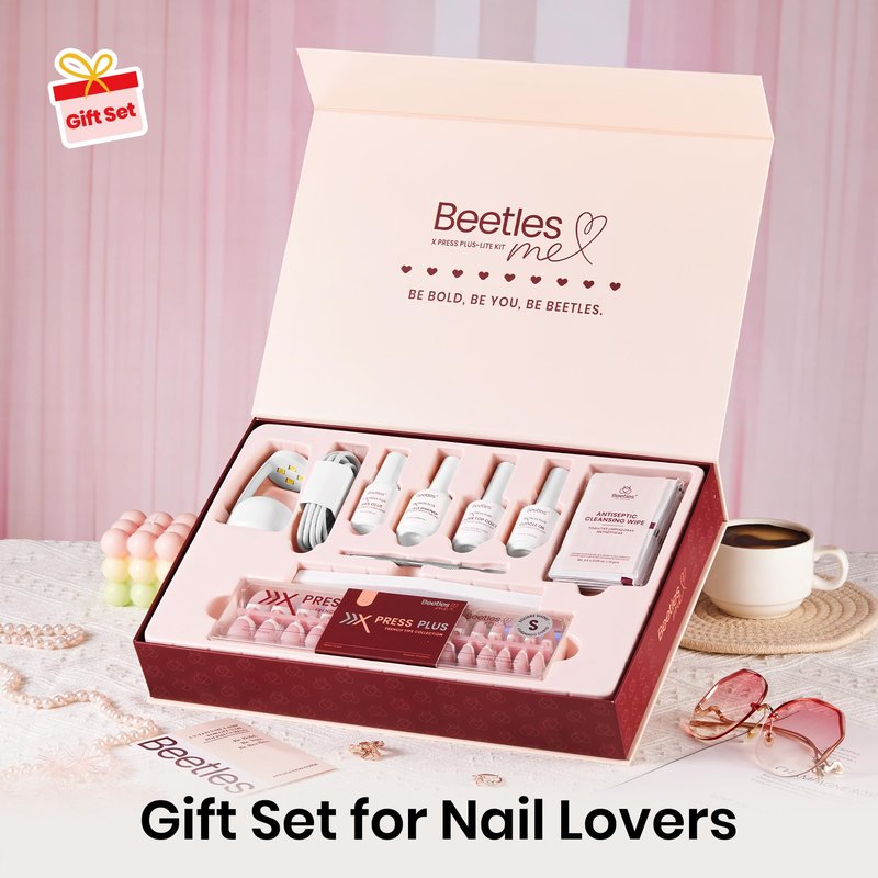 Beetles Press On Nail Kit-Short Square French Tip Press On Nails, 150Pcs Pink French Nail Tips with Nail Glue & Remover Builder Top Coat Nail Lamp, All-in-One DIY Fake Nails Gift for Women
