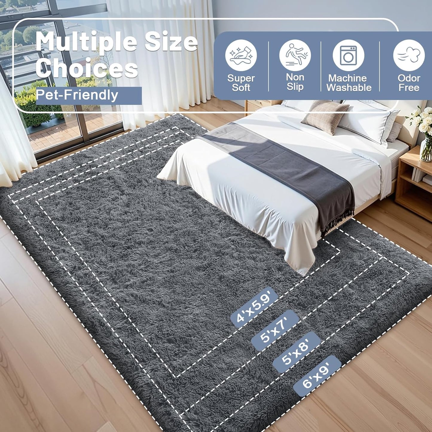 OLANLY Large Area Rug - Soft Fluffy Shaggy Indoor Carpet for Living Room & Bedroom | Grey 8x9 ft