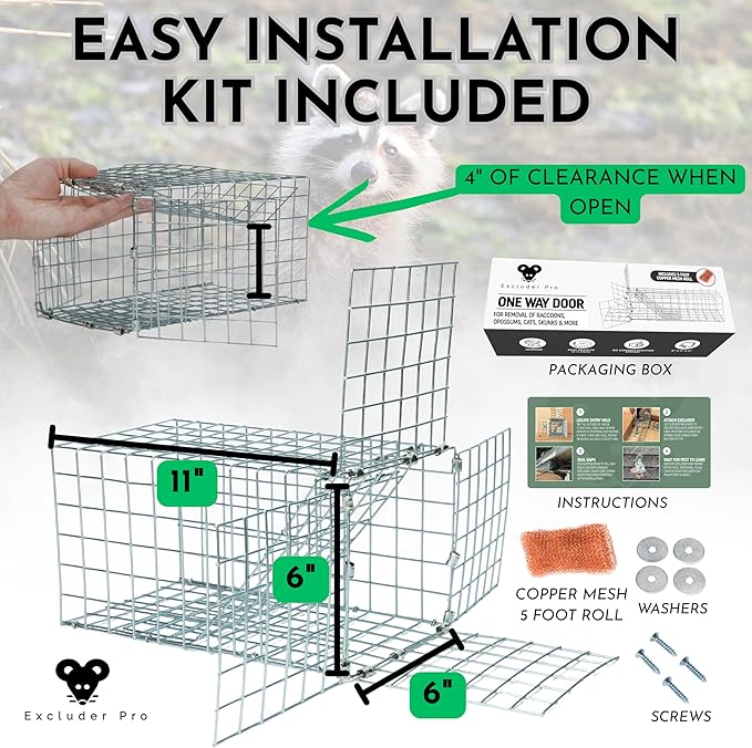 Animal One Way Exit Door - 6" Excluder Device for Raccoon, Squirrel, Skunk Trapped in Attic, Chimney, Under Deck â Eviction System with Installation Kit - Wildlife Pest Control Humane Animal Removal