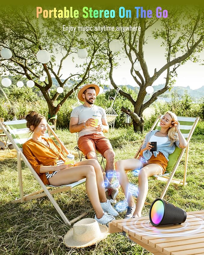 Gladorn Portable Bluetooth Speaker Wireless with 9 Color Lights, 20H Playtime, Stereo Pairing, Deep Bass, IPX6 Waterproof, Bluetooth 5.3, Small Speaker for Home, Party, Outdoor, Camping, Beach, Gift