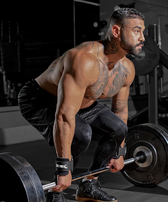 DMoose Fitness Weight Lifting Hooks (Pair) for Deadlifts, Pull Ups, Rows & Shrugs - Anti-Rip Nylon Strap Hand Grips with Thick Wrist Padding - Heavy Duty Wrist Straps for Weightlifting (Red)
