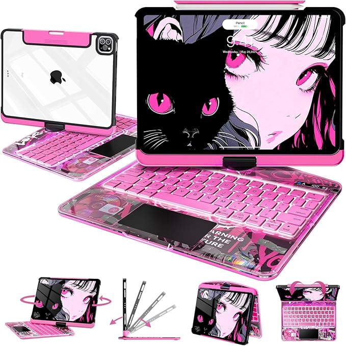 Intermerge for iPad 9th 10.2 inch Keyboard Case, 360° Transparent Multi-Touch Trackpad, 7-Color Backlit Keyboard, Pencil Holder, Type-C, Power Indicator for 9th/ 8th/ 7th - Blush Pulse