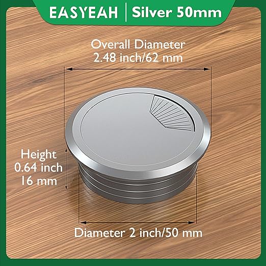 EASYEAH 2 Pcs Desk Grommet 2" / 50 mm, Desk Cord Hole Cover, Cable Grommet ABS Plastic, Desk Hole Grommet for Home & Office Pc, Detachable Adjustable Cable Cord Organizer-Silvery