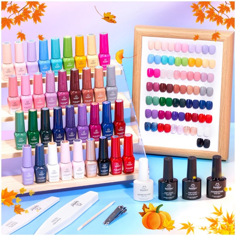 beetles Gel Polish Shifting Lights - Gel Nail Polish Set Brown Burgundy Red Black White Green Purple Glitter 36 Colors with Base Coat Glossy Matte Glitter Top Coat UV LED Soak Off Gift for Women