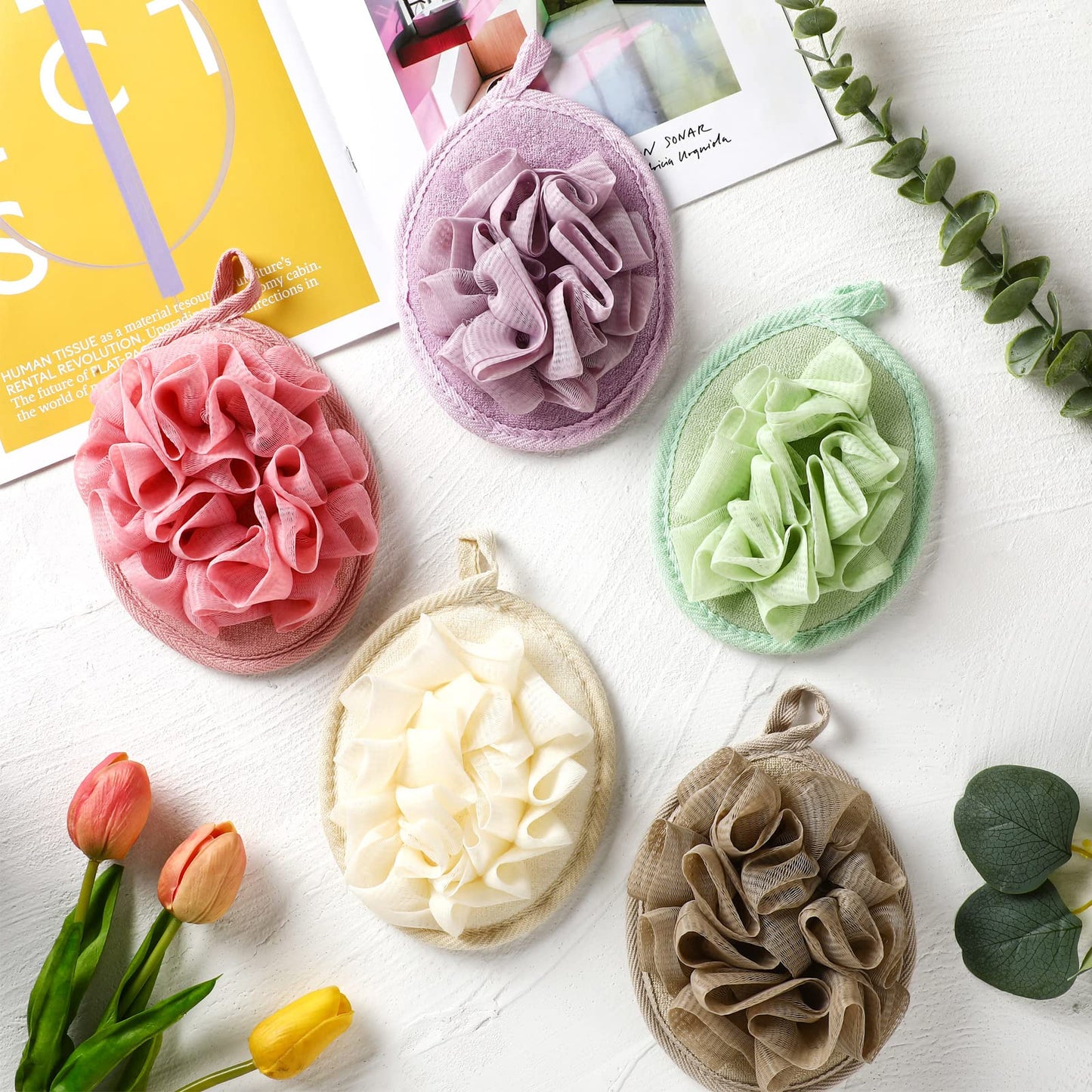 Zopeal 12 Pieces Shower Puff Bath Travel Loofah with Elastic Hand Strap, 30g Each, Exfoliating Shower Gift Bulk Washable Loofah Mesh Sponges Bath Flower Ball Pad Body Scrubber for Men and Women
