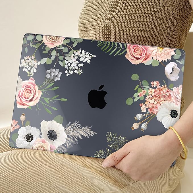 TWOLSKOO for MacBook Air 15 inch Case 2025 2024 2023 Release M4 A3241 M3 A3114 M2 A2941, Plastic Hard Shell & Screen Protector & Keyboard Cover & Type C Adapter, Rose Flower