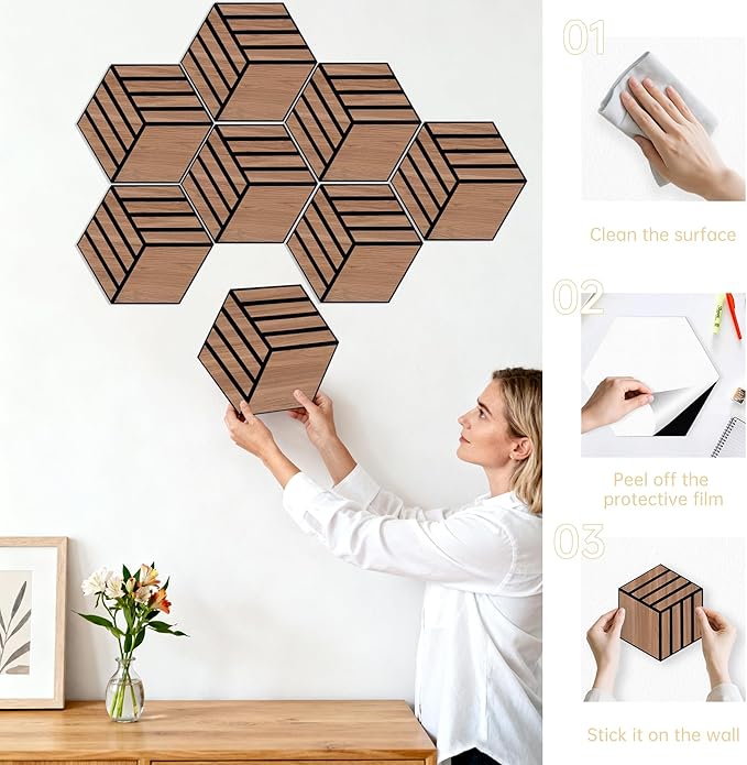 Mollywell Acoustic Panels, PVC Wood-Grain, 14x12 Inch Hexagon Carved Sound Proof Wall Tiles, Self-Adhesive High Density Felt for Home Theater/Studio/Office Echo Reduction, 12 Pack Walnut, TW4
