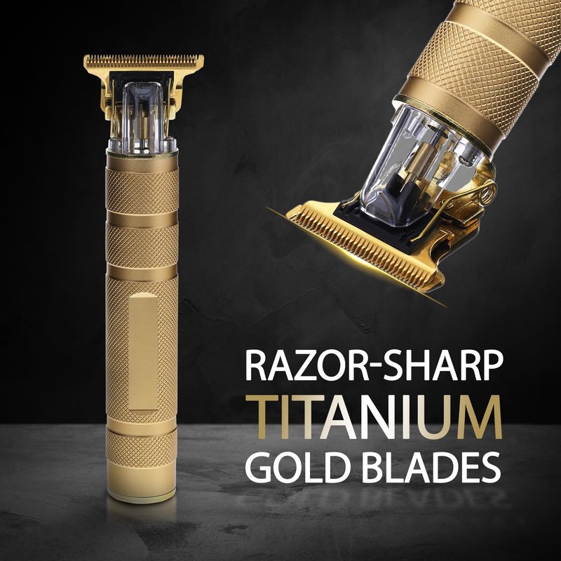 Cutting Edge T-Blade Trimmer for Men, T-Blade Precision Beard Trimmer, Bump Free and Hypoallergenic Titanium Gold Blades, 4 Guide Combs, Rechargeable, Precision Trimmer to Detail, Outline, & Fade