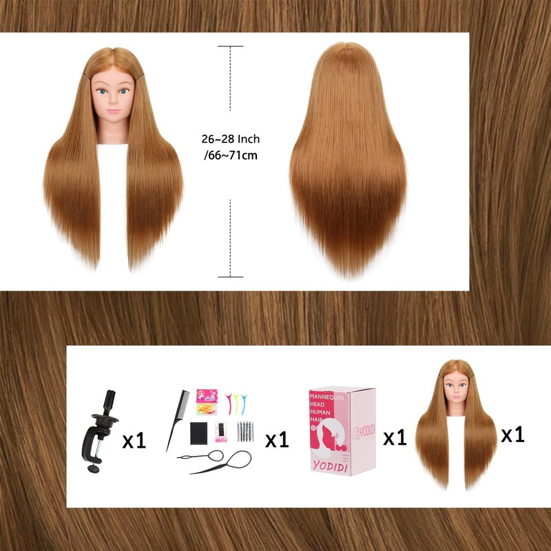 YODIDI Mannequin Head Human Hair 26""-28"" Female 80% Human Hair Mannequin Head Hair Styling Cosmetology Manikin Head Doll Head for Hairdresser with Free Clamp Holder and Tools
