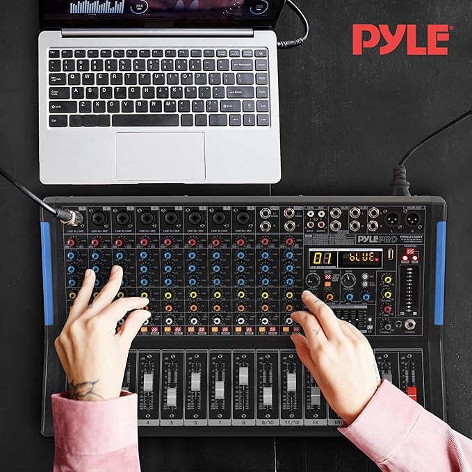Pyle 12-Channel Console Style Audio Mixer with Bluetooth - DJ Sound Controller, 8 XLR / Combo Inputs, Sub Out, +48V Phantom, USB-A In, 16 DSP Effects, MP3 Player, 7-Band EQ - PMXU128BT