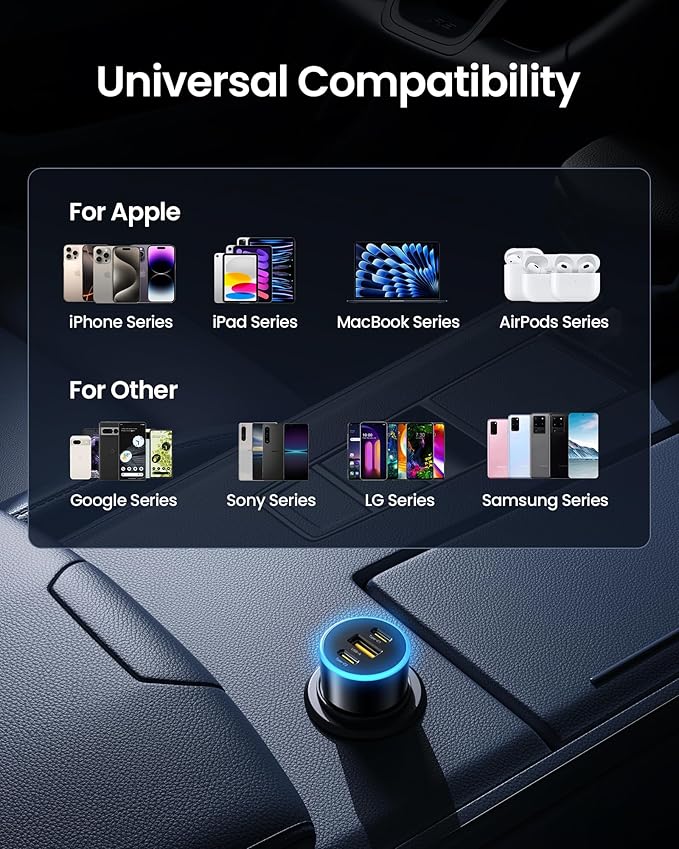 PISEN 60W USB C Car Charger - Car Phone Charger Adapter PD30W & QC3.0 Fast Charging, Car USB Charger Multi Port, Cigarette Lighter USB Charger, Car Charger with LED for iPhone 17/16/15/14/13/12 Series