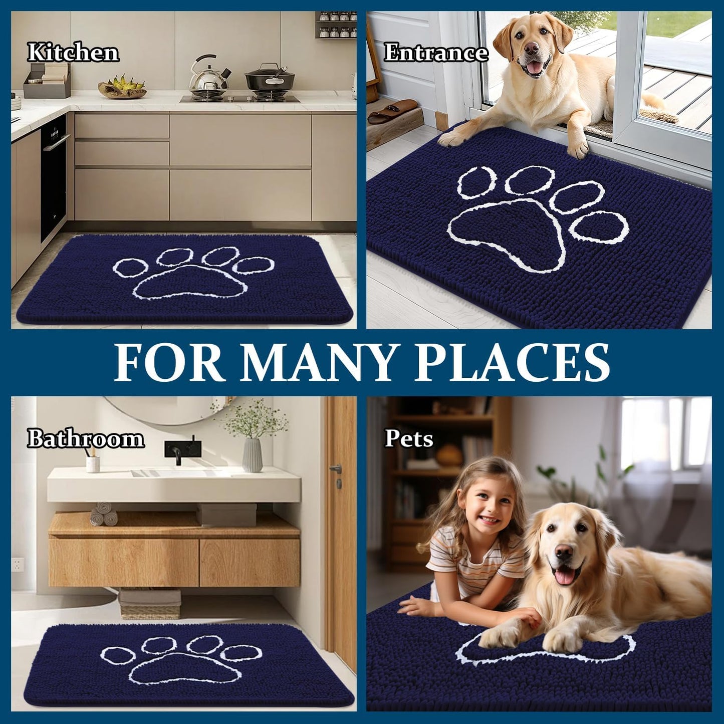 OLANLY Dog Door Mat - Absorbent Non-Slip Mud Mat for Paws | 24x16 Navy Blue Chenille Design