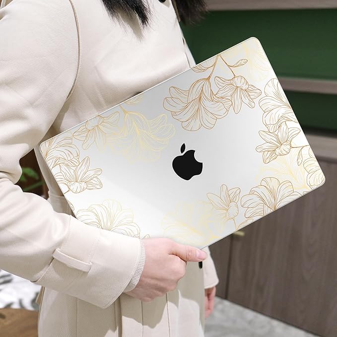 MEEgoodo for M5/M4/M3/M2 MacBook Air 15 inch Case 2026 2025 2024 2023, Case Fit Model (A3448/A3241/A3114/A2941) for MacBook Air 15.3 inch, Drawn Golden Floral