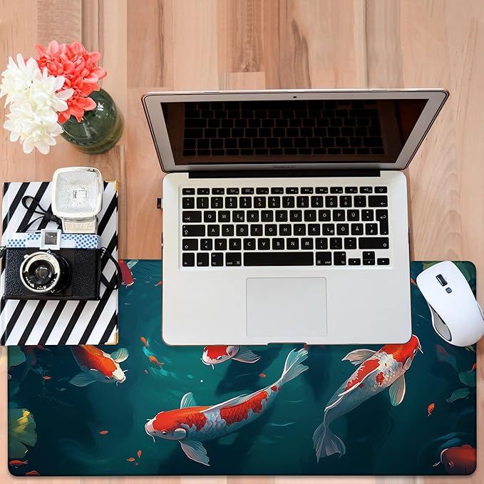 NITAHHHY Large Mouse Pad Koi Fish Gaming Desk Pad Computer Keyboard Non-Slip Waterproof Mouse Mat with Rubber Base and Stitched Edges Entertainment Office Writing Desk Mat 35.4 x 15.7 Inches