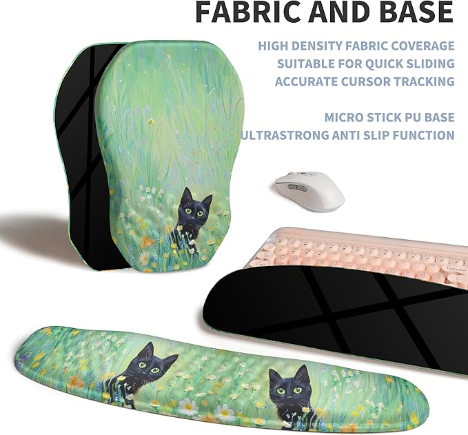 Gleamtide 2-in-1 Ergonomic Set, Wave Keyboard Wrist Rest and Massage Slope Mouse Pad Wrist Support, Rebound Memory Foam for Relieve Carpal Tunnel Syndrome and Wrist Pain (Oil Painting Cats)
