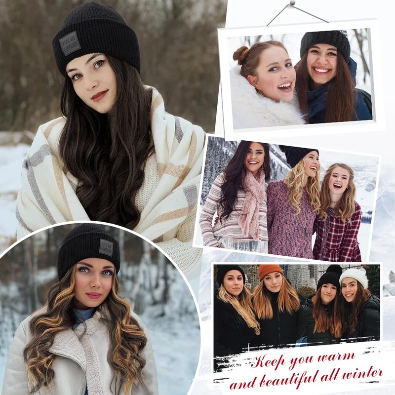 S-noilite Beanie Wig Hair Extensions,11 Inch Short Straight Hair Extensions with Knitted Hat Wigs for Women Winter Medium Brown