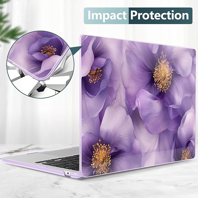 TWOLSKOO for MacBook Air 13 inch Case M4 A3240 M3 A3113 M2 A2681 2025 2024 2022 Plastic Hard Shell, Keyboard Cover, Type C Adapter, Screen Protector for MacBook Air 13.6 inch, Purple Flowers
