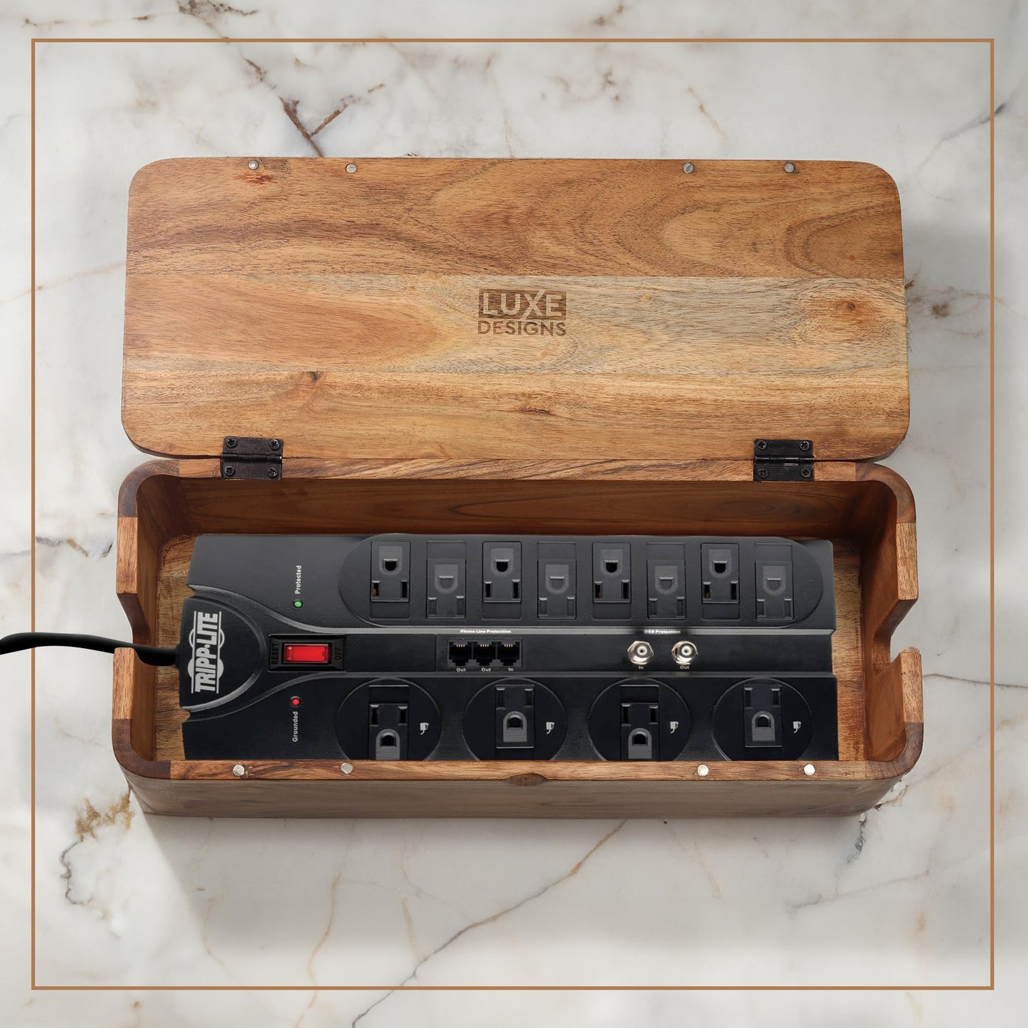 Large Cable Management Box - Acacia Wood - Cable Organizer Box and Power Strip Box for Electrical Cord Management - Hide Desk Cord and Floor Cables - Wire Storage and Organization for Cords