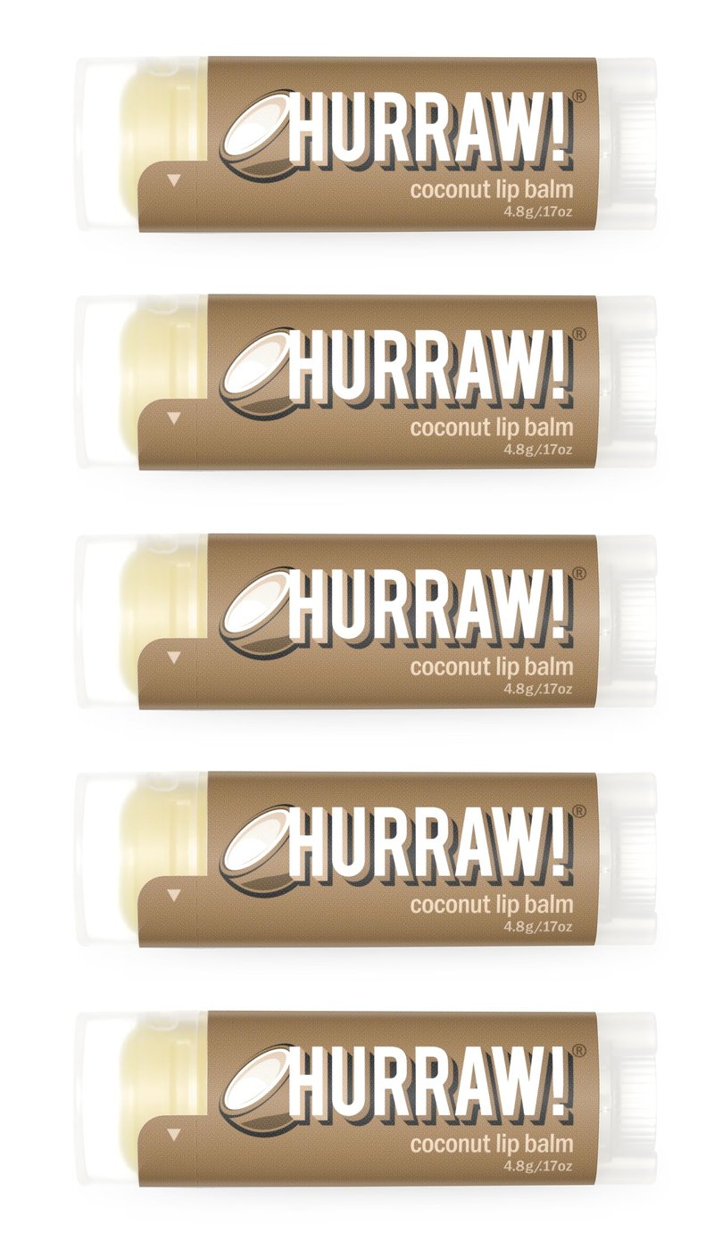 Hurraw! Coconut Lip Balm, 5 Pack: Organic, Certified Vegan, Cruelty and Gluten Free. Non-GMO, 100% Natural Ingredients. Bee, Shea, Soy and Palm Free. Made in USA