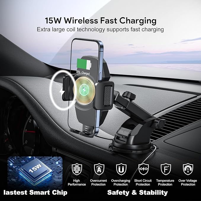 Esoulk Wireless Car Charger Phone Mount, 15W Fast Charging Car Mount Charger with Auto Clamping, Car Charger Phone Holder for iPhone, Wireless Charger Car Mount for Dashboard & Windshield